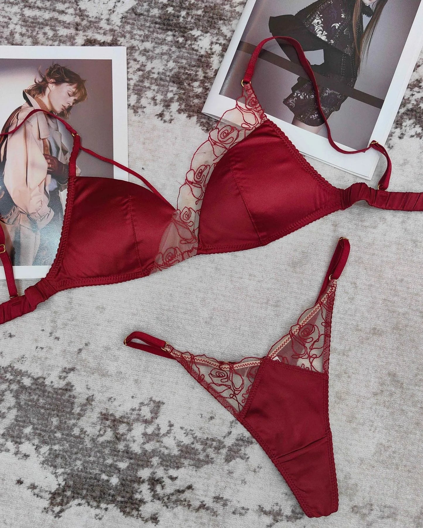 Women Underwear Set Sexy Silken Triangle Cup Wireless Bras French Bralette Seamless Intimates Bra and Thong Lingerie Set