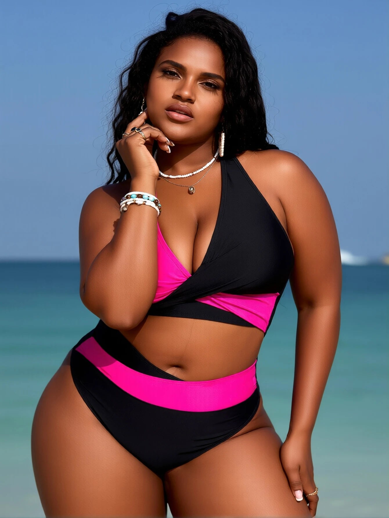 Women's Colorblock Criss Cross Halter Neck Bikini Set, Casual Wrap Swim Top & Swim Bottom Neon Swimsuit for Beach Holiday Vacation, Ladies Swimwear for All Seasons, Bikinis Sets, Beach Bathing Suit, Bikini Swimsuit Outfit, Cl