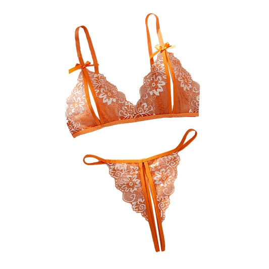 Floral Lace Bra Set Bow Intimates Bra And Thongs Sets Outfit Women's Underwear Set