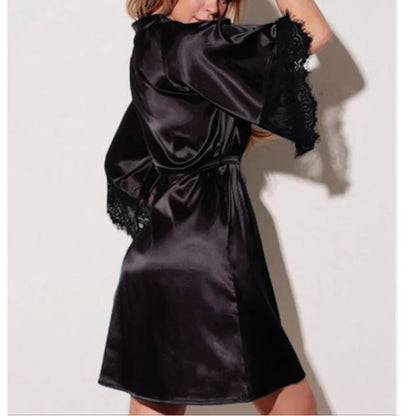 Female Sexy Lingerie Silky Satin Sleepwear Women Night Gown Robe with G String Floral Lace Bathrobe Halt Sleeve Nightdress
