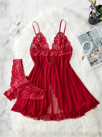 Blue Contrast Lace Ruffle Trim Lingerie Set Women's Nightdress See Through Deep V Mini Dress and Thong Nightgowns Underwear