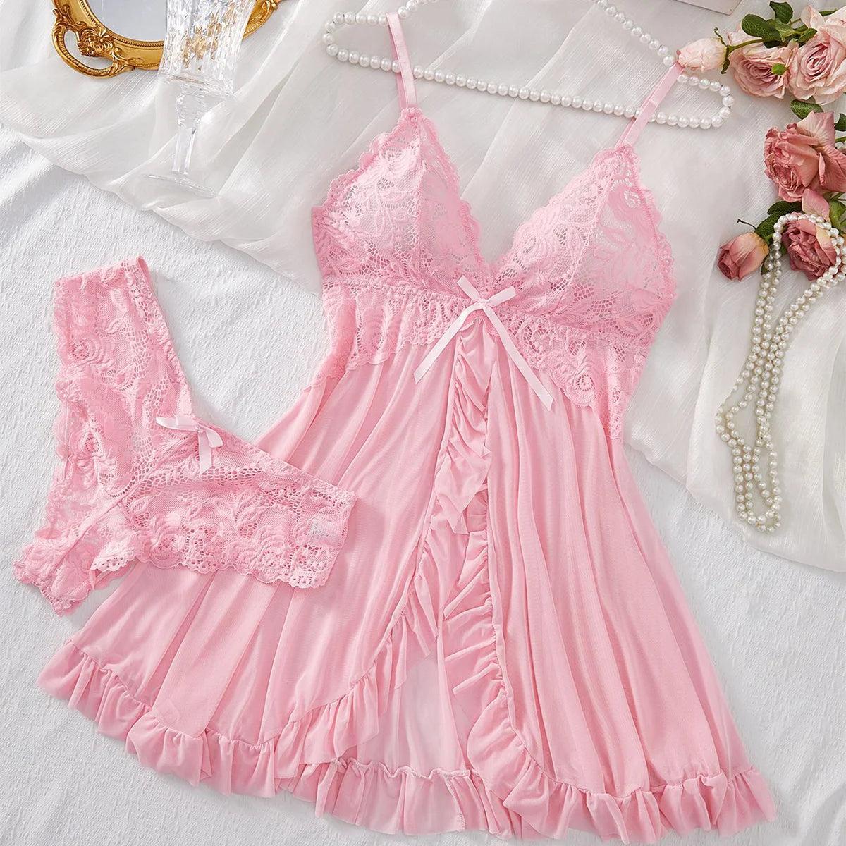 New Women's Sexy Bow Lace-Up Sleepwearl Dress Set Fashion Uniform - Trendy Comfortable Dress Ensemble For Adults Sexy Bra Set