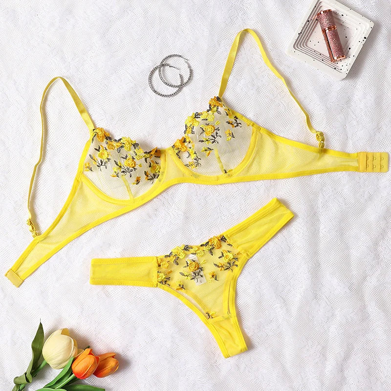 Embroidery Floral Ultra-thin Exquisite Transparent Women Underwear Bra Set