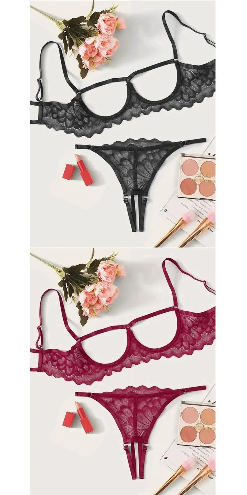 Toucheart 2-piece Set Showing Breasts Sexy Interesting Underwear Women Solid Color Mesh Hollow Out See-through Sexy Lingerie Set