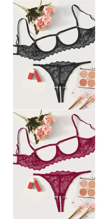 Toucheart 2-piece Set Showing Breasts Sexy Interesting Underwear Women Solid Color Mesh Hollow Out See-through Sexy Lingerie Set