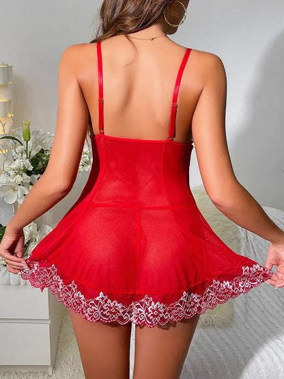 Short Sexy Deep V Women's Nightgown Embroidered Dress Fashions Pajamas Free Thong Night Sleepwear Suspender Baby Doll Lingerie