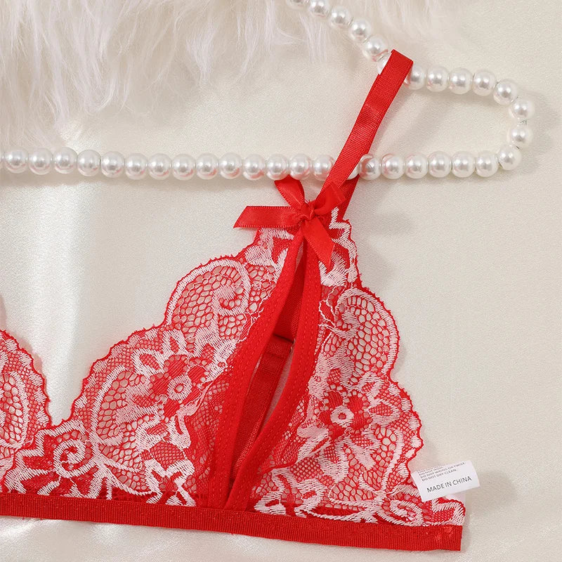 Floral Lace Bra Set Bow Intimates Bra And Thongs Sets Outfit Women's Underwear Set