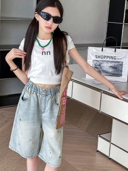 2026 New Summer Children Short Jeans Teen Girls Fashion Star Embroidery Wide Leg Denim Shorts Kid Casual Loose Knee Length Pants