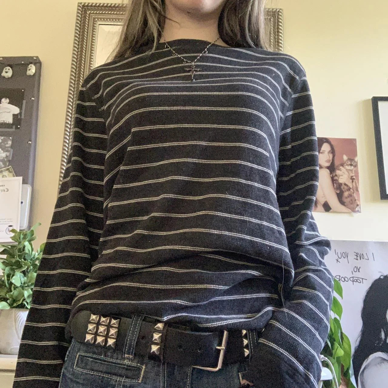Y2k Teen Striped Long Sleeve T-Shirts Fairy Grunge Print Baggy Tops Vintage Harajuku 2000s E-Girl Shirts Vintage Streetwear