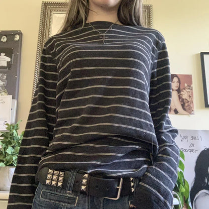 Y2k Teen Striped Long Sleeve T-Shirts Fairy Grunge Print Baggy Tops Vintage Harajuku 2000s E-Girl Shirts Vintage Streetwear