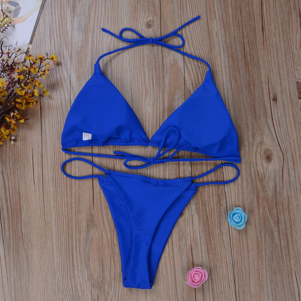 Women Thong Bikini Set Side Tie Sexy Swimsuit Bandage Style Brazilian Swimwear Woman Clothing Red/Blue/Black/White/Wine Red/Pink