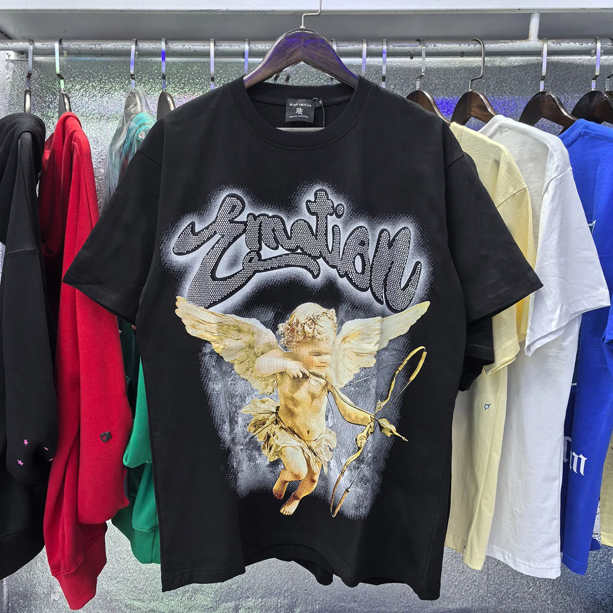 MIXED EMOTION Shirt Rhinestone Short Sleeve Men Women T-shirt Streetwear 100% Cotton Loose Round Neck Top Tees Oversized Tee Top
