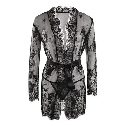 Women Sexy Lingerie Babydoll Erotic Transparent V-Neck Nightdress Robe G-string Costume Lace Sleepwear Dress