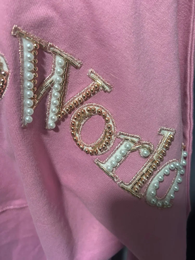 Disney Pink Disneyland Letter Embroidery Cartoon Sequins Pearl Cute Print Sweatshirt Glitter Women Jumper Fleece Pullover Unisex