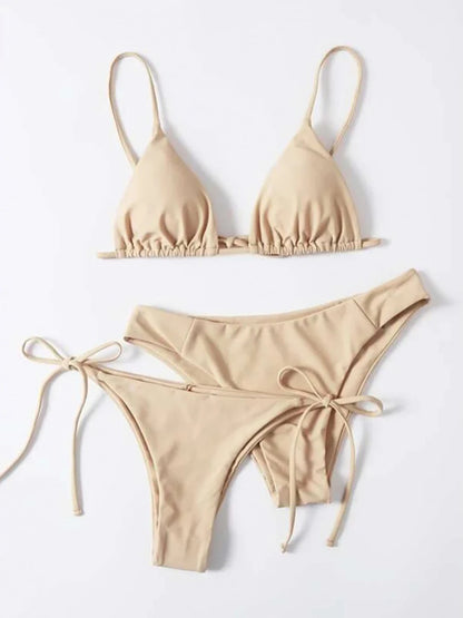 Sexy Solid 3 piece Bikini Set Women's Halter Lace Up Low Waist Swimsuit Triangle Thong Tie On Side Swimwear Brazilian Biquinis