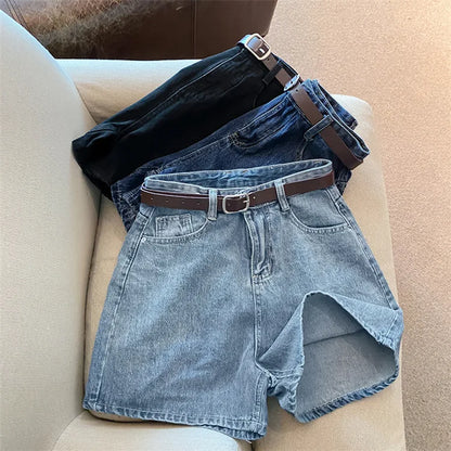 Women High Waist Denim Shorts Summer Chic Streetwear Female Casual Wide Leg Short Pants Solid Color Lady Loose Straight Shorts