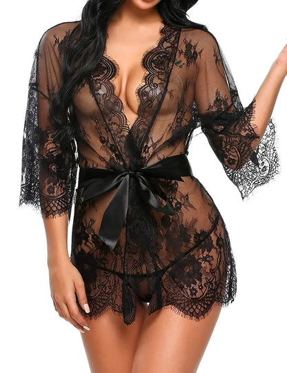 New Sexy Lace Transparent Ruffles Robe Women Lingerie See-through Babydolls Underwear Sleepwear Night Dress Erotic Sex Clothes