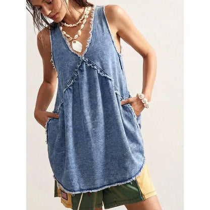 【New style】 BohoFeels Plus Size Solid Color Minimalist Sleeveless Denim Dress Vacation Dress Casual Dresses For Women Casual Dr
