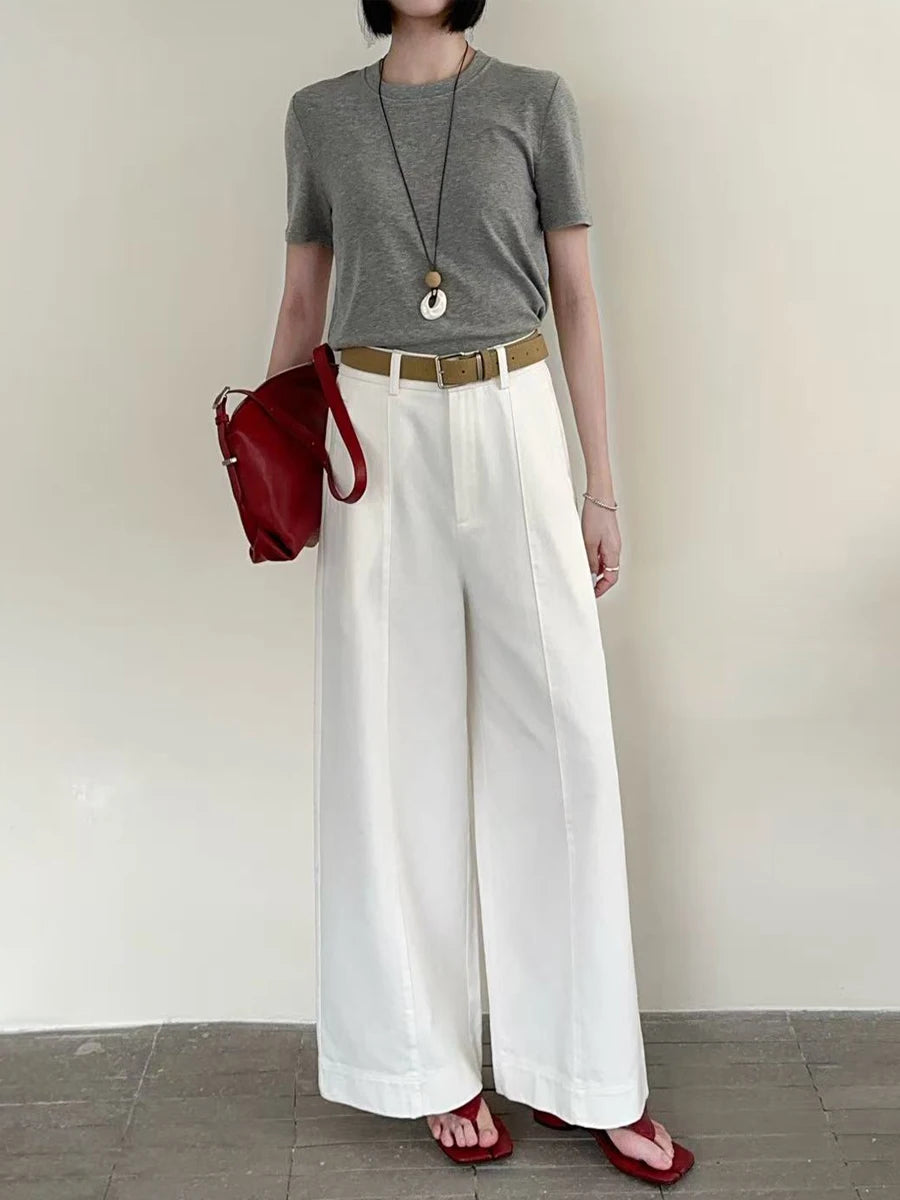 White High Waist Straight Leg Wide Leg Pants Nine Points Drapey Slimming Casual Trousers for Small Women Spring Summer New Style