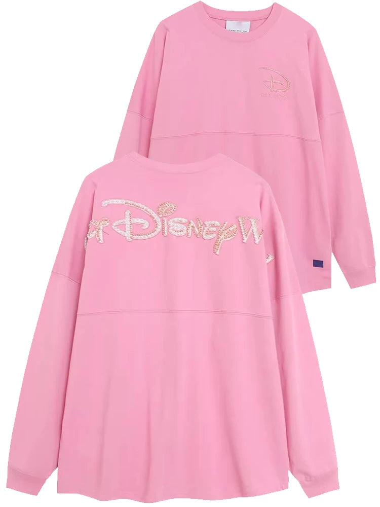 Disney World Letter Mickey Mouse Cartoon Print Embroidery Flares Pearl Pink Sweatshirt Sweet Women Long Sleeve Loose Jumper Tops