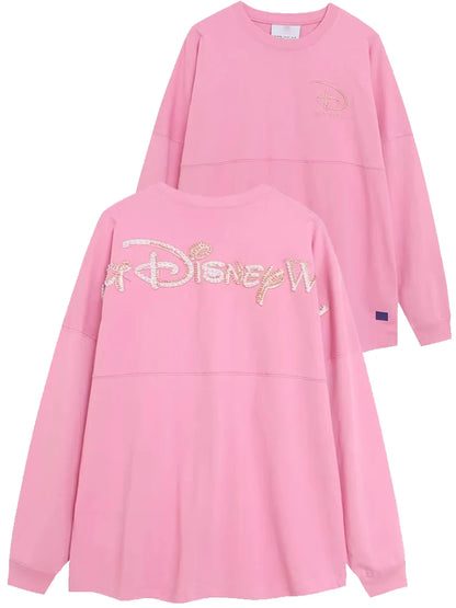 Disney World Letter Mickey Mouse Cartoon Print Embroidery Flares Pearl Pink Sweatshirt Sweet Women Long Sleeve Loose Jumper Tops