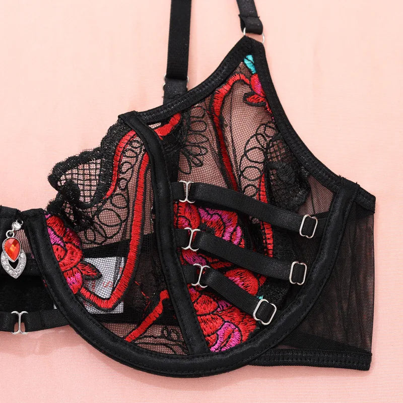 Ellolace Seductive Sexy Lingerie Bra Belt Thong 3PC Set Beautiful Floral Embroidered Intimate Tempted Women Underwear