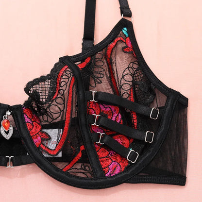 Ellolace Seductive Sexy Lingerie Bra Belt Thong 3PC Set Beautiful Floral Embroidered Intimate Tempted Women Underwear