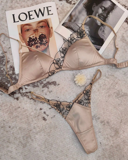 Women Underwear Set Sexy Silken Triangle Cup Wireless Bras French Bralette Seamless Intimates Bra and Thong Lingerie Set