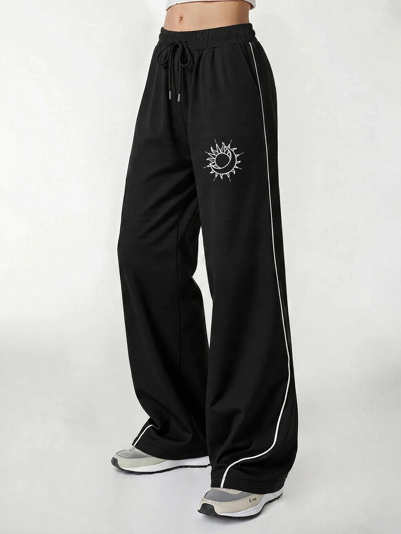 Women's Casual Pants, a Must-Have for Trendy Looks, Summer Cool and Unique Style, Sun and Moon Lines Printed with Contrasting Colors, Wide-Leg Casual Pants with White Lines on the Side, Loose and Comfortable Women's Casual Pa