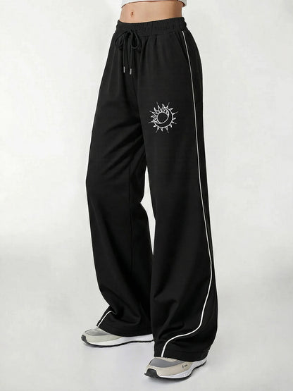 Women's Casual Pants, a Must-Have for Trendy Looks, Summer Cool and Unique Style, Sun and Moon Lines Printed with Contrasting Colors, Wide-Leg Casual Pants with White Lines on the Side, Loose and Comfortable Women's Casual Pa
