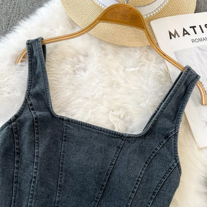Vintage Denim Tanks Camis for Women Almighty Casual Sleeveless Zipper Spliced Femme Corset Crop Tops Elegant Chic Tank Camisoles
