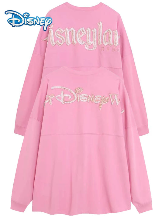 Disney World Letter Mickey Mouse Cartoon Print Embroidery Flares Pearl Pink Sweatshirt Sweet Women Long Sleeve Loose Jumper Tops