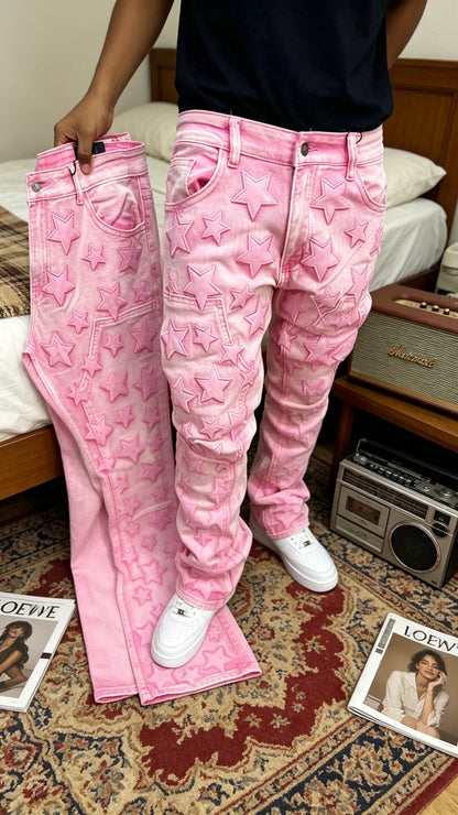 Y2K New Fashion Pink Pattern Patch Loose Jeans Women Gothic Harajuku Hip Hop Casual Joker Wide Leg Denim Trousers