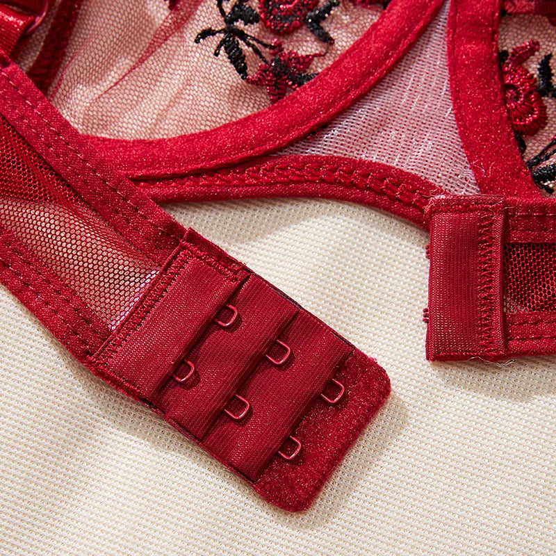 Transparent Women Red Lace New Embroidery Floral Ultra-thin Exquisite Underwear Bra Set