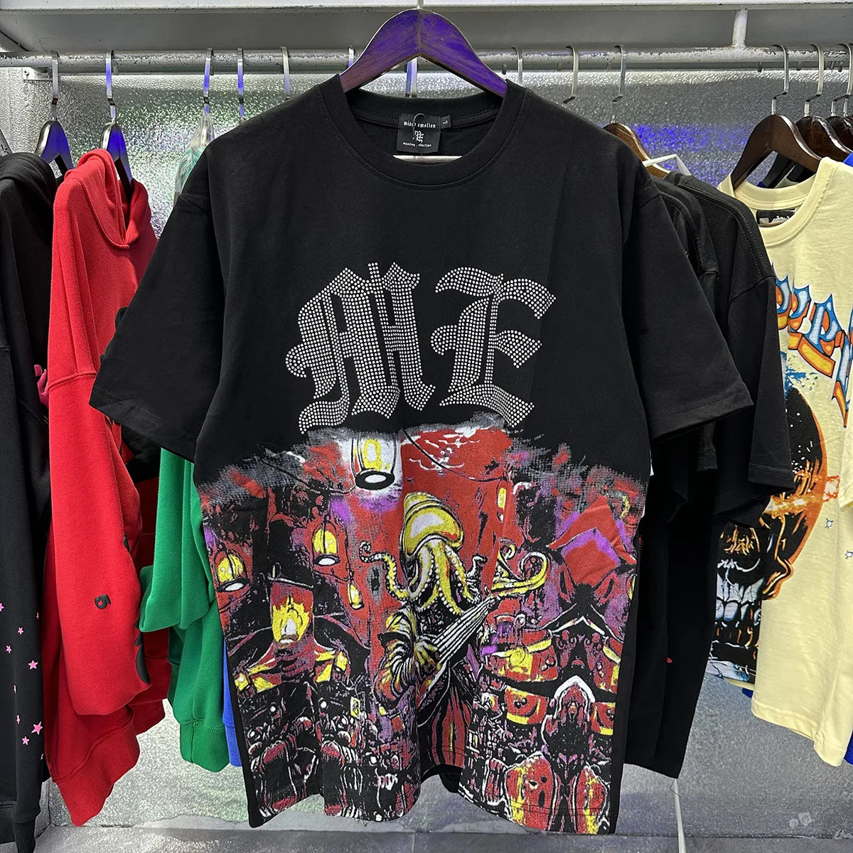 MIXED EMOTION Shirt Rhinestone Short Sleeve Men Women T-shirt Streetwear 100% Cotton Loose Round Neck Top Tees Oversized Tee Top