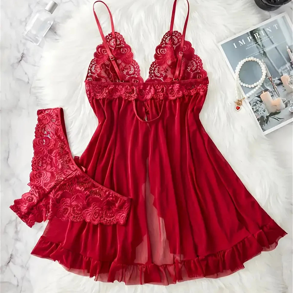 Blue Contrast Lace Ruffle Trim Lingerie Set Women's Nightdress See Through Deep V Mini Dress and Thong Nightgowns Underwear