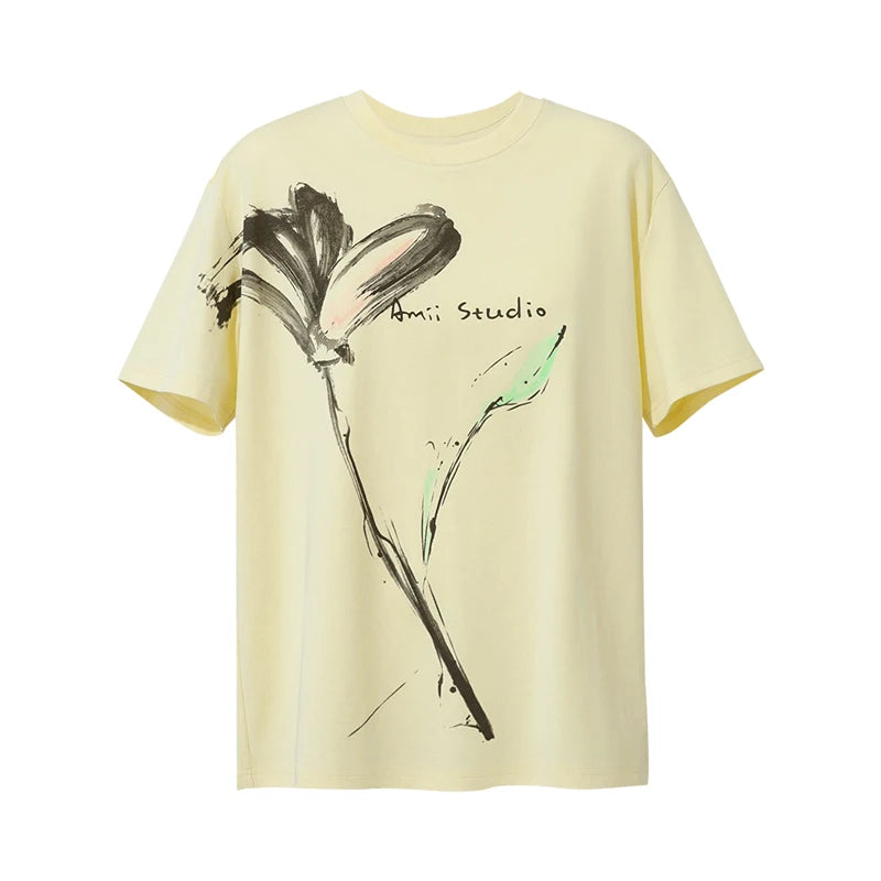 Amii Women's T-Shirt 2026 Summer New Cool Feeling Cotton Round Neck Tee Shirt Ink Art Print Loose Fit Short Sleeve Tops 12622149