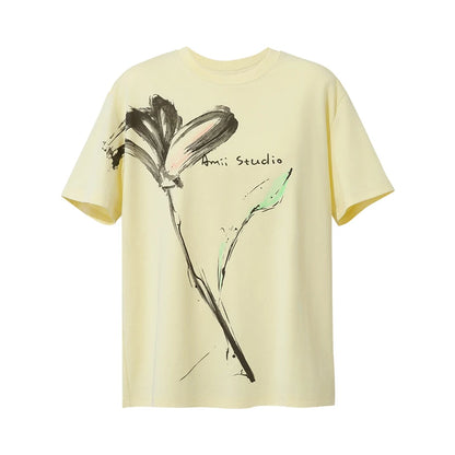 Amii Women's T-Shirt 2026 Summer New Cool Feeling Cotton Round Neck Tee Shirt Ink Art Print Loose Fit Short Sleeve Tops 12622149