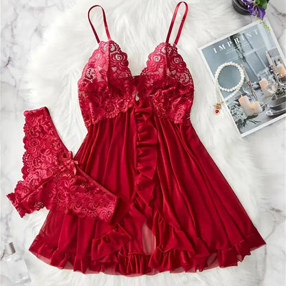 Blue Contrast Lace Ruffle Trim Lingerie Set Women's Nightdress See Through Deep V Mini Dress and Thong Nightgowns Underwear