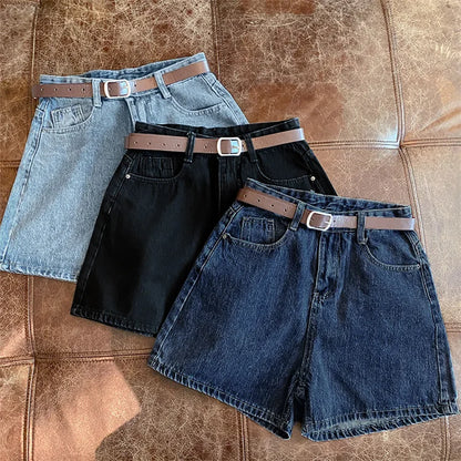 Women High Waist Denim Shorts Summer Chic Streetwear Female Casual Wide Leg Short Pants Solid Color Lady Loose Straight Shorts
