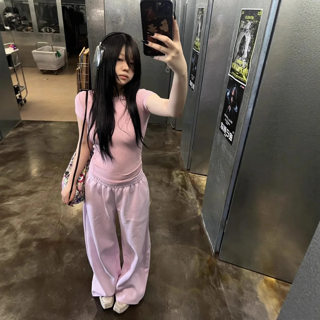 Pink High Waist Wide Leg Sweatpants Women's Spring Summer Lazy Loose Casual Floor Length Sport Long Pants Women