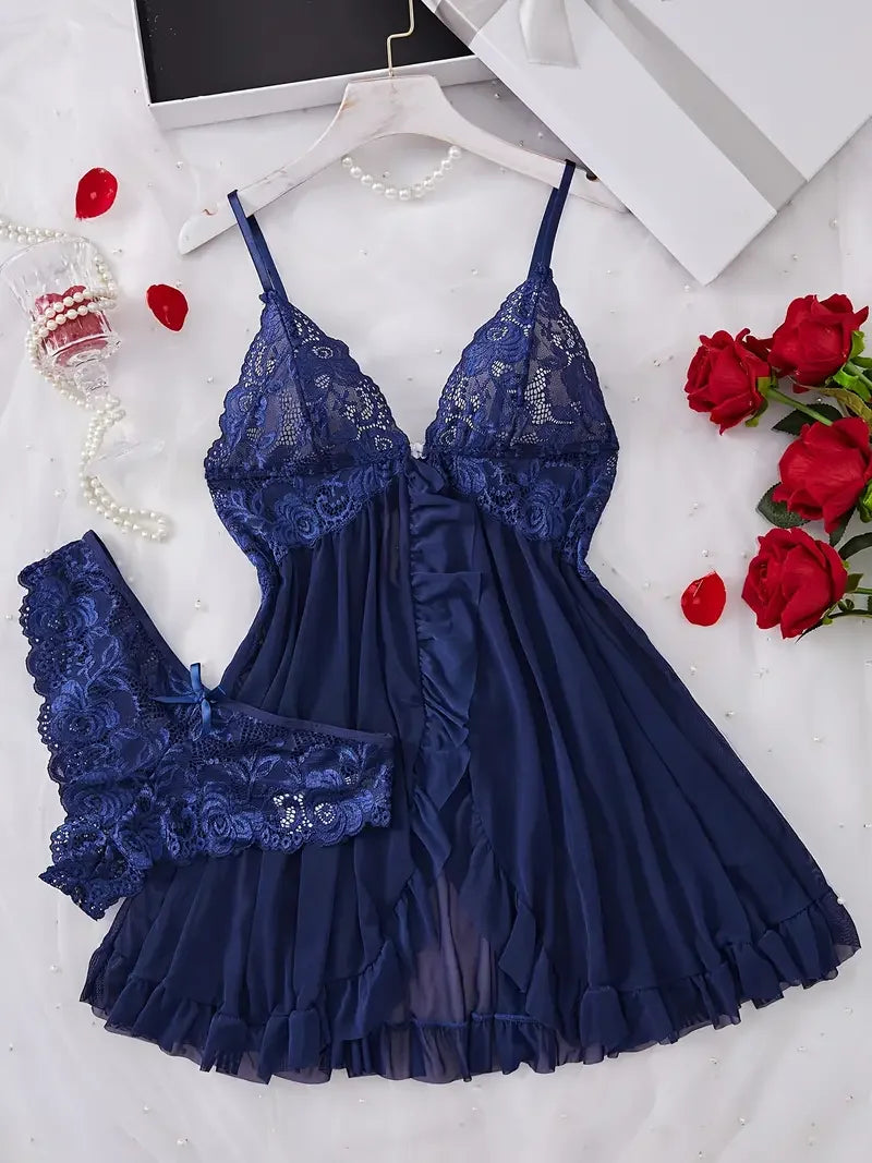Blue Contrast Lace Ruffle Trim Lingerie Set Women's Nightdress See Through Deep V Mini Dress and Thong Nightgowns Underwear