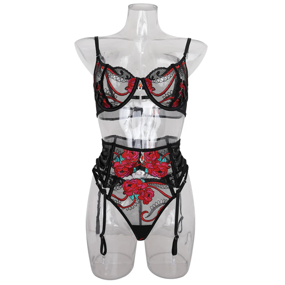 Ellolace Seductive Sexy Lingerie Bra Belt Thong 3PC Set Beautiful Floral Embroidered Intimate Tempted Women Underwear