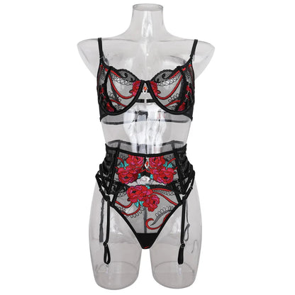 Ellolace Seductive Sexy Lingerie Bra Belt Thong 3PC Set Beautiful Floral Embroidered Intimate Tempted Women Underwear
