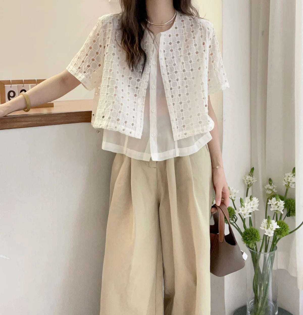 Korean style Hollow Out Patchwork Shirts Women Summer Loose O Neck Buttons Tops Y2K Fashion Casual Fake Two Pieces Shirts