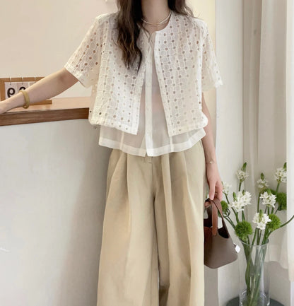 Korean style Hollow Out Patchwork Shirts Women Summer Loose O Neck Buttons Tops Y2K Fashion Casual Fake Two Pieces Shirts
