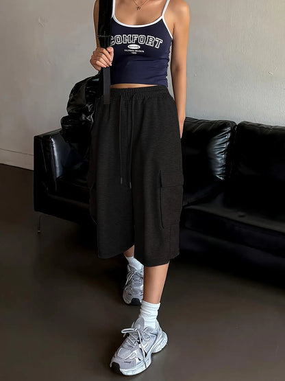 Women Loose Casual Shorts High Waisted Straight Fit Shorts Wide Leg Mid Length Shorts Summer Gray Comfortable Bottoms