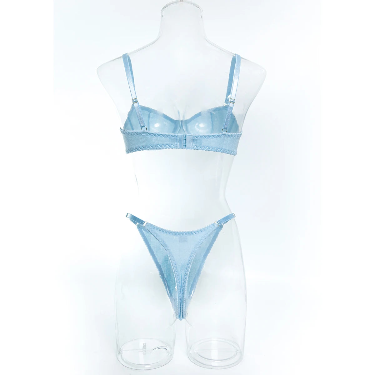 Light Blue Knitted Rayon 2Pcs Women's Lingerie Set Underwire Push-Up Bra Adjustable Thong Soft Breathable Sexy Daily Underwear