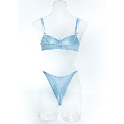 Light Blue Knitted Rayon 2Pcs Women's Lingerie Set Underwire Push-Up Bra Adjustable Thong Soft Breathable Sexy Daily Underwear