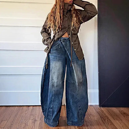 Wide Leg Pants Women Vintage Denim Jeans Punk Style Loose Trousers Stretch Mid Waist Washed Distressed 2026 Mom Streetwear